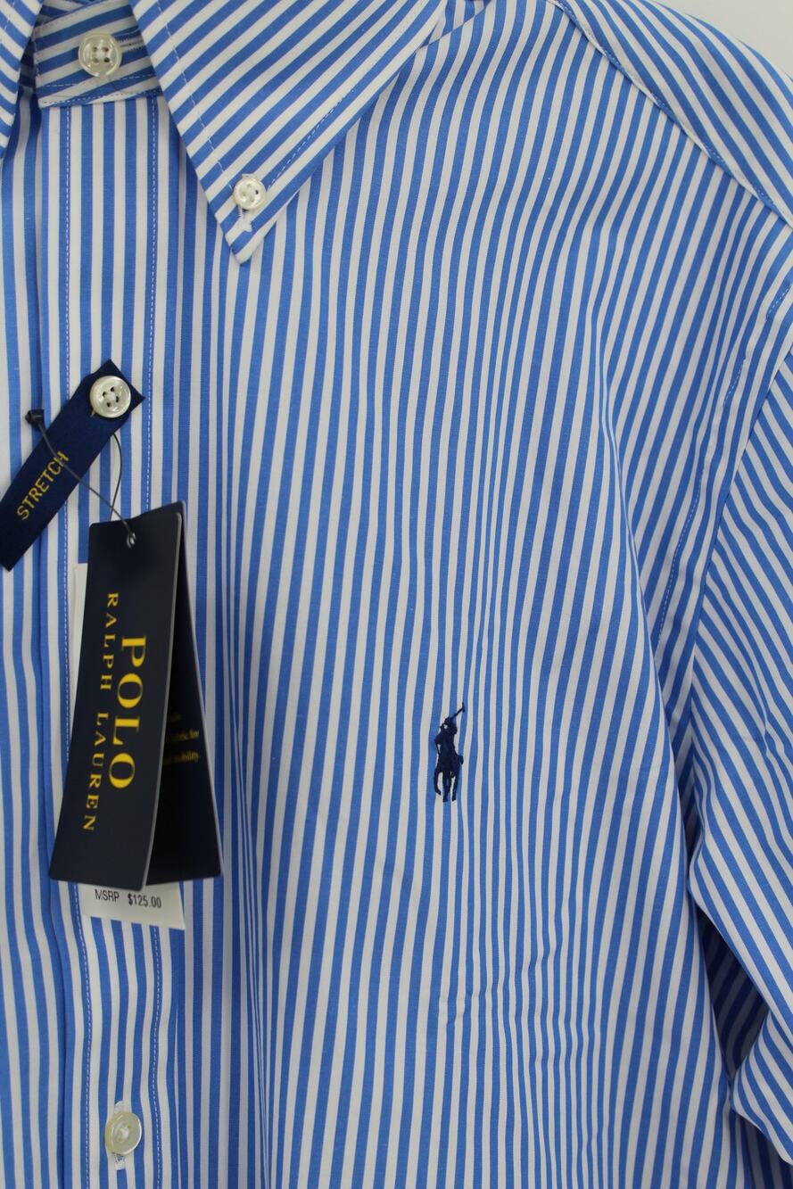 Men's Polo Ralph Lauren Striped Stretch Poplin Shirt Large Blue White L/S NEW